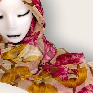 Womens Scarf Sheer Chiffon Rectangle Magenta Gold Floral Print Wrap Classic Boho